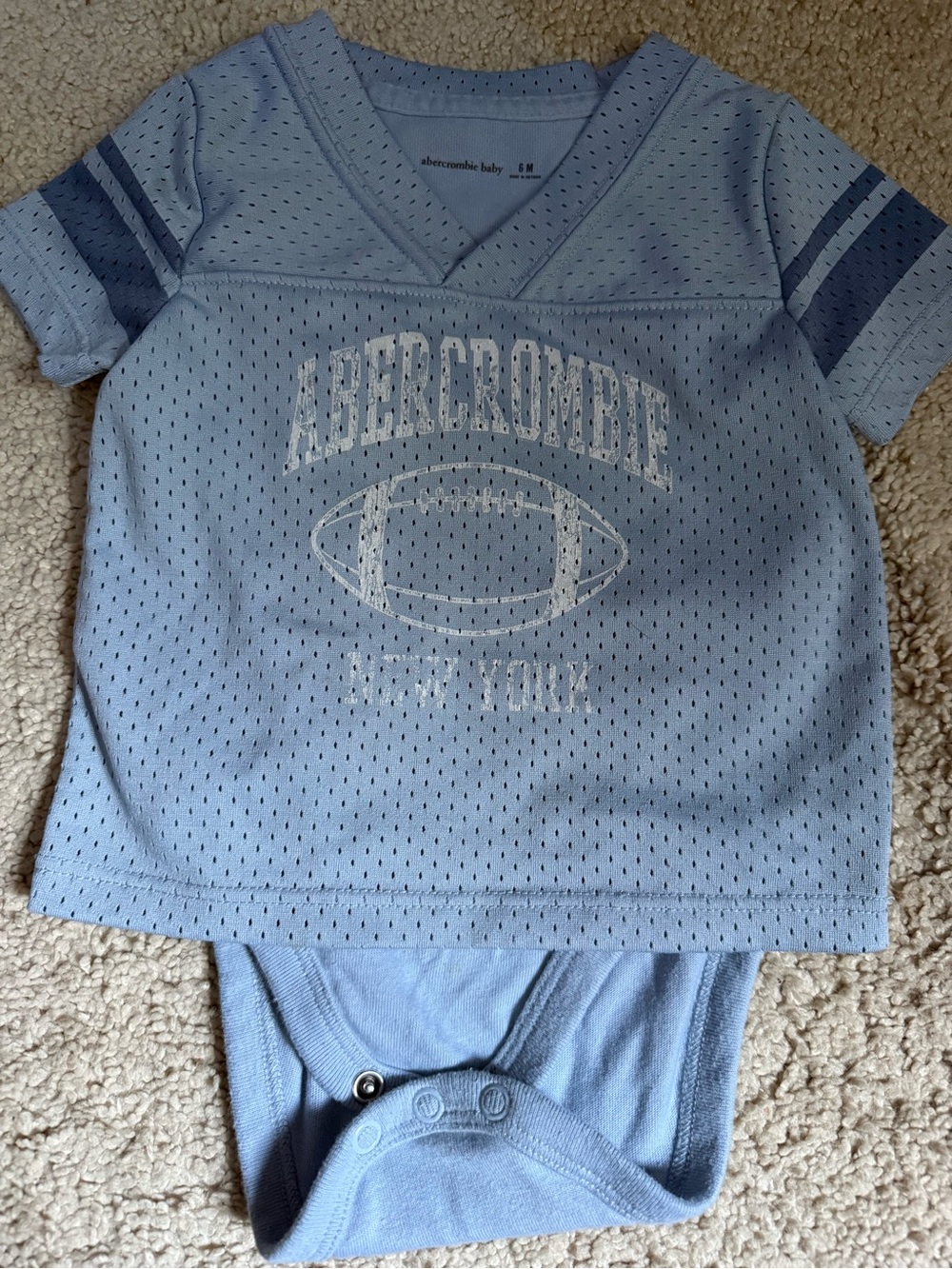 Abercrombie & Fitch Baby Light Blue Football-Print Short Sleeve onsie size 6M